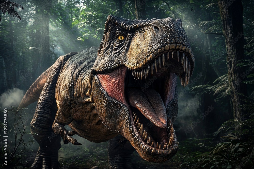 Fototapeta premium An enraged Tyrannosaurus Rex face prominently displayed.