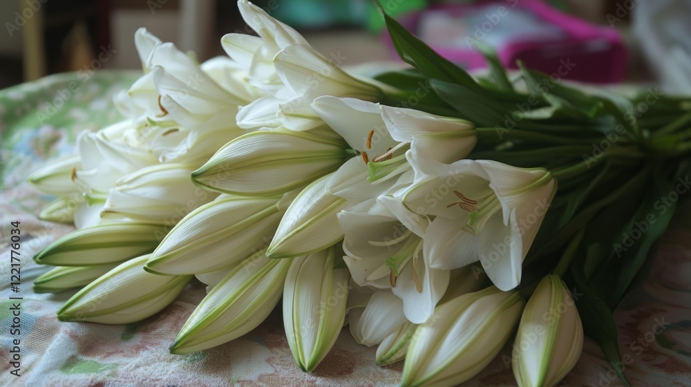Soft, creamy white lilies in a bouquet, a symbol of purity and elegance. Soft, creamy white lilies in a bouquet, a symbol of purity and elegance.