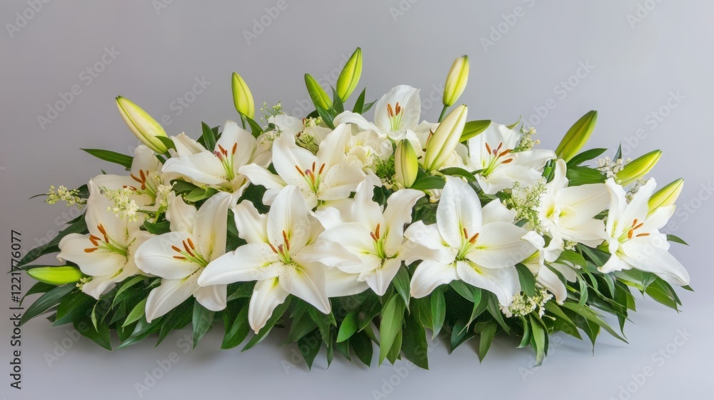 Obraz premium Elegant white lilies arranged in a serene display. A peaceful and calming floral arrangement.
