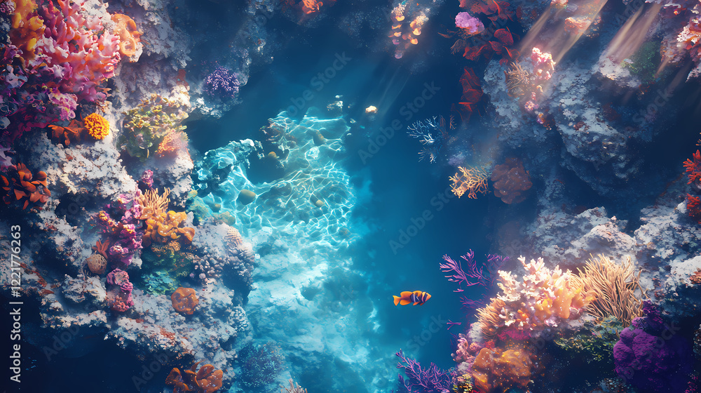 Fototapeta premium A picturesque underwater reef filled with brilliant corals, exotic fish, and shimmering light rays, capturing the essence of tropical diving. Shimmering Lagoon. Illustration