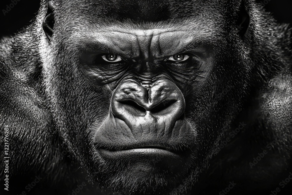 Intriguing anthropoid ape portrait highlighting strength. Intriguing anthropoid ape portrait highlighting strength.