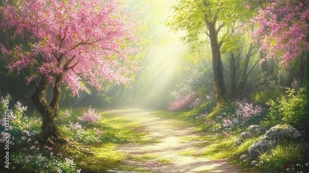 Serene Spring Pathway Surrounded by Blooming Pink Cherry Trees Serene Spring Pathway Surrounded by Blooming Pink Cherry Trees