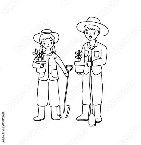 Happy farmer boy and girl, outline drawing vector illustration