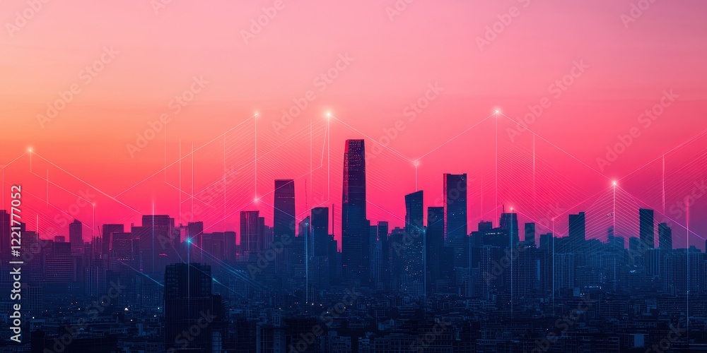Fototapeta premium Sunset Over Urban Skyline With Digital Overlay