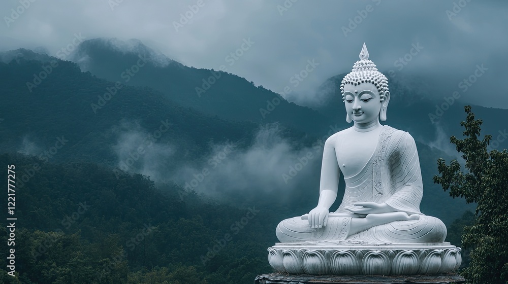 A large white Buddha statue on a hilltop, surrounded by misty mountains, creating a sense of serenity and elevation. A large white Buddha statue on a hilltop, surrounded by misty mountains, creating a sense of serenity and elevation.