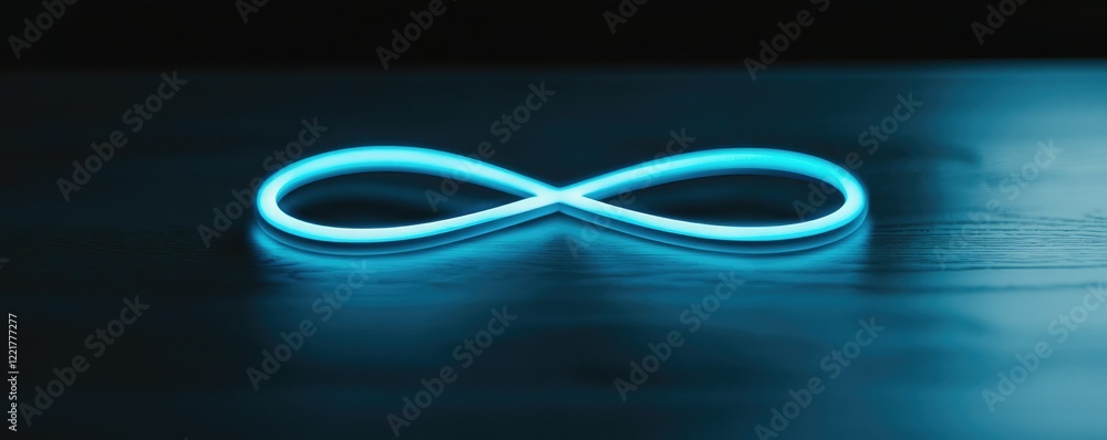 Fototapeta premium A glowing blue infinity symbol rests on a dark surface, symbolizing endless possibilities and continuity.
