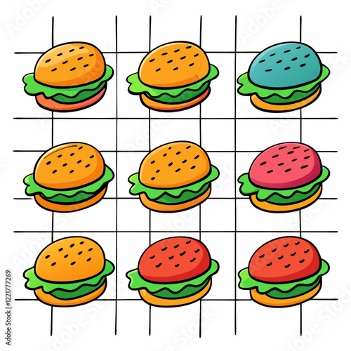 A row of burgers with different shapes and sizes isolated on white background