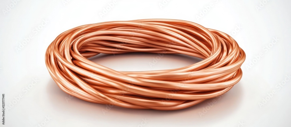 Close up of a group of coiled copper wire cables in an abstract spiral pattern on a plain white studio background Close up of a group of coiled copper wire cables in an abstract spiral pattern on a plain white studio background