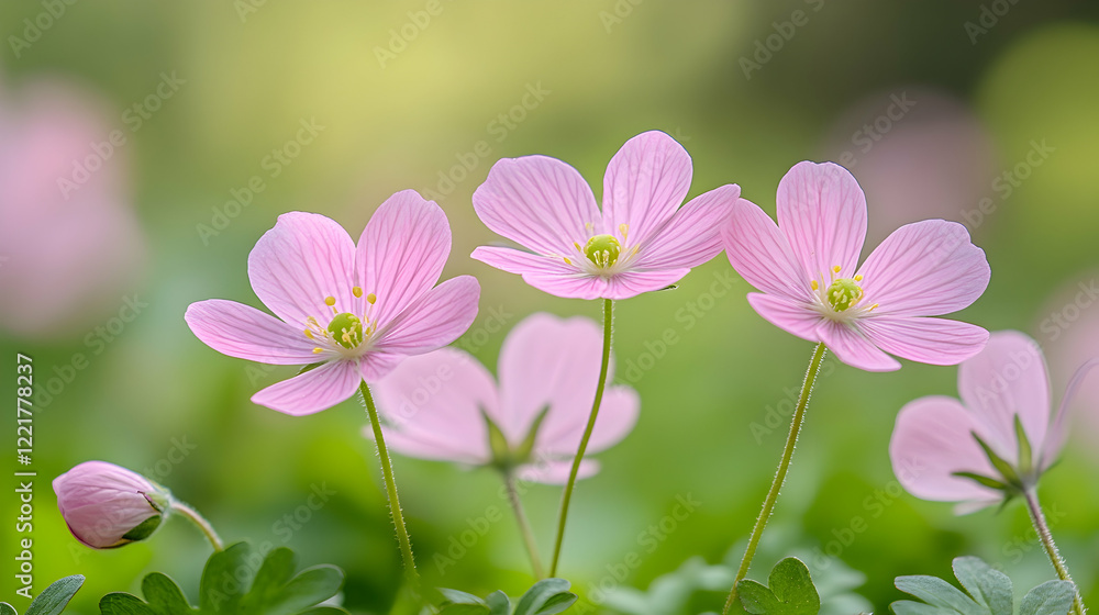Fototapeta premium Delicate Pink Flowers in Soft Focus with Green Background