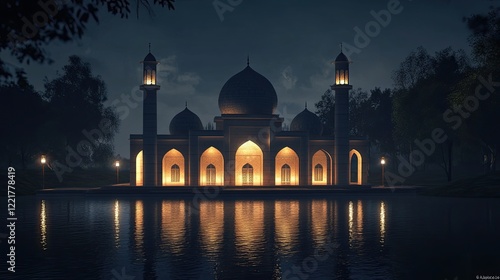 Wallpaper Mural A night view of a mosque illuminated with soft lighting, casting reflections on a serene water surface. Torontodigital.ca