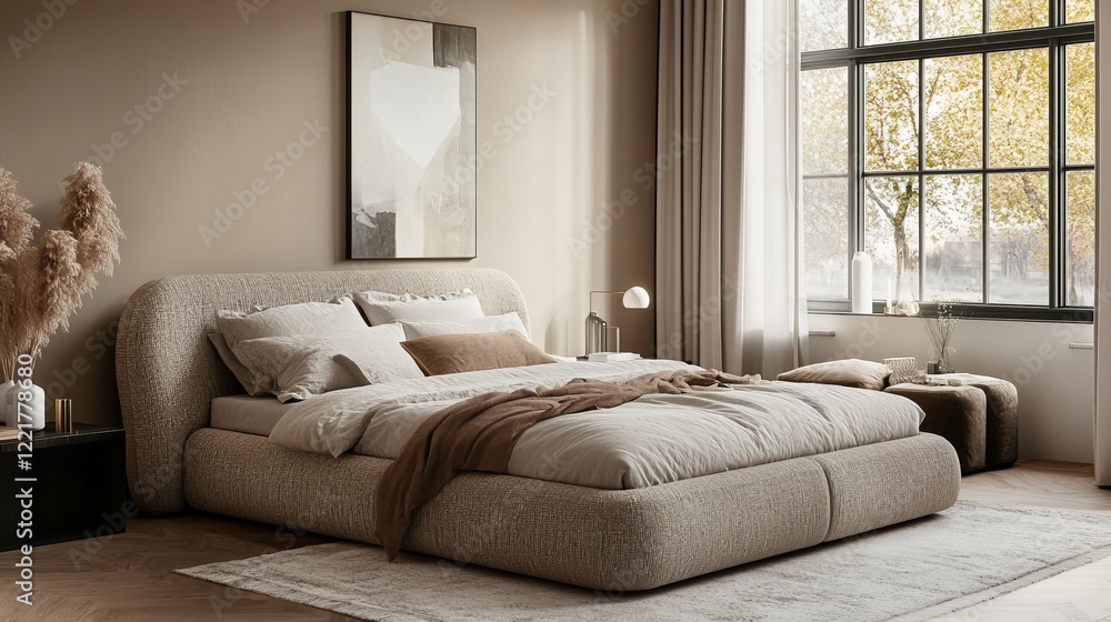 Fototapeta premium Cozy Bedroom with Soft Blanket and Plush Pillows on a Comfortable Bed Surrounded by Warm Lighting Creating a Relaxing and Inviting Atmosphere for Rest and Peaceful Sleep in Home Decor