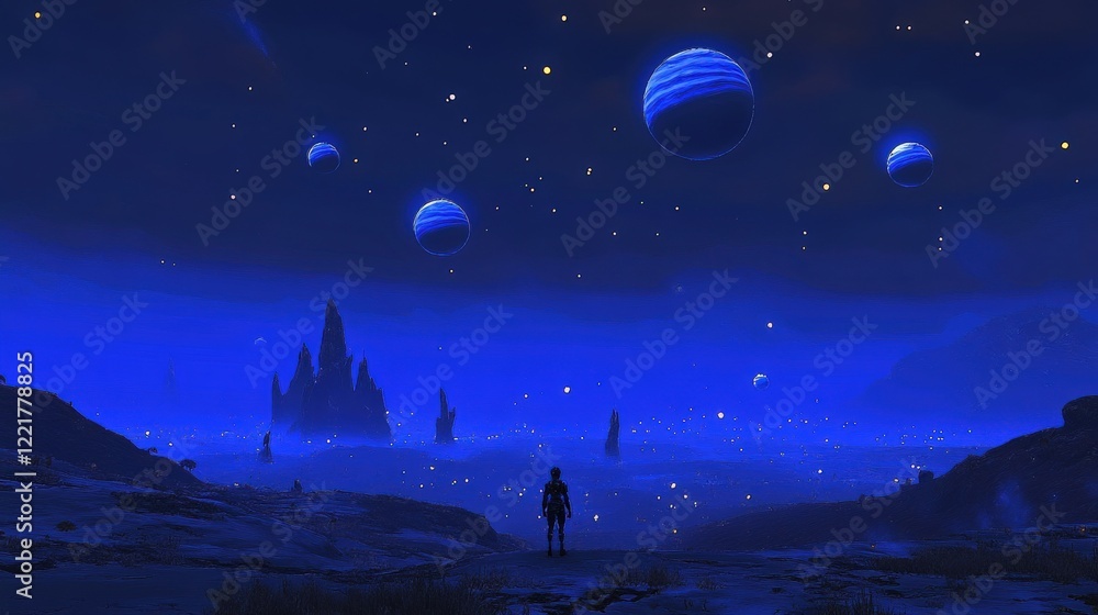 Surreal Cosmic Landscape with Floating Blue Planets at Dusk Surreal Cosmic Landscape with Floating Blue Planets at Dusk