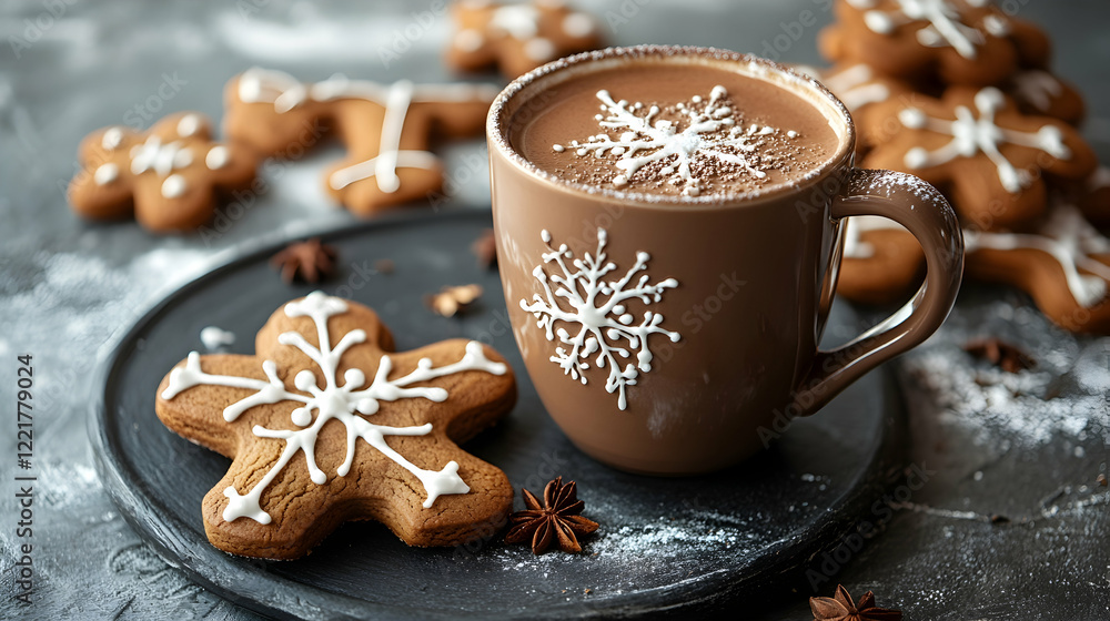 Cozy Winter Scene with Hot Chocolate and Snowflake Cookies Cozy Winter Scene with Hot Chocolate and Snowflake Cookies