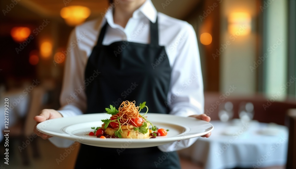 Waitress in elegant hotel restaurant holding plate with delicious food. Fine dining service in upscale eatery. Pro staff serving guests. Focus on food presentation, hospitality. Elegant setting. Waitress in elegant hotel restaurant holding plate with delicious food. Fine dining service in upscale eatery. Pro staff serving guests. Focus on food presentation, hospitality. Elegant setting.