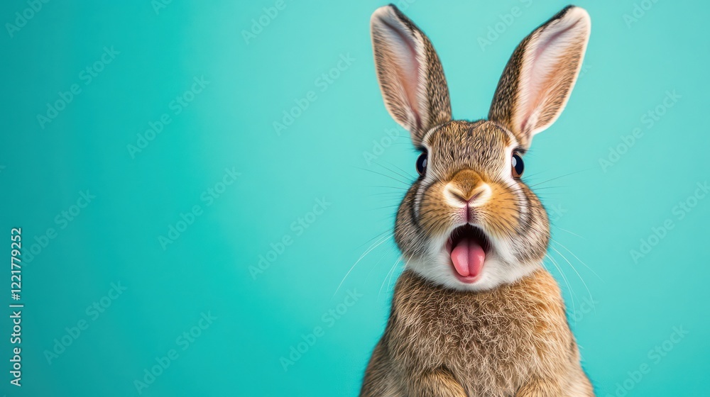 Fototapeta premium Studio headshot of a surprised bunny on a bright color background with room for text