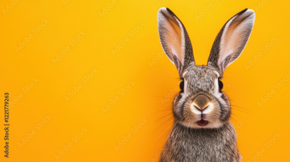 Obraz premium Studio headshot of a surprised bunny on a bright color background with room for text