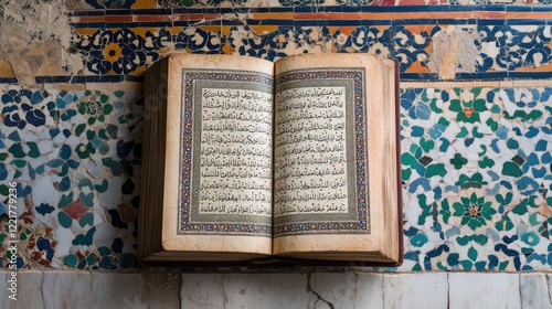 A Quran open to Surah Yaseen, with a background of intricate Islamic tile art. photo