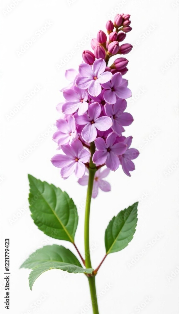 Obraz premium Lilac stem with buds and small flowers on a white background, stem, white