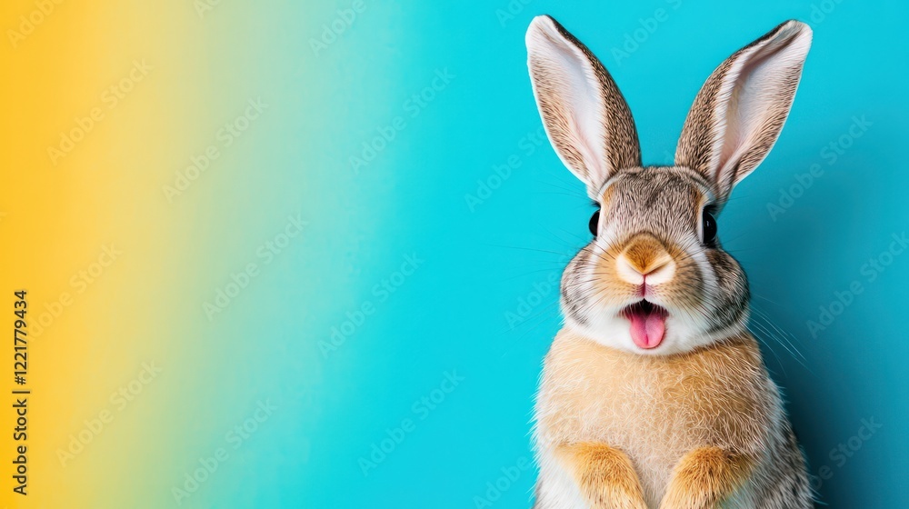 Obraz premium Studio headshot of a surprised bunny on a bright color background with room for text