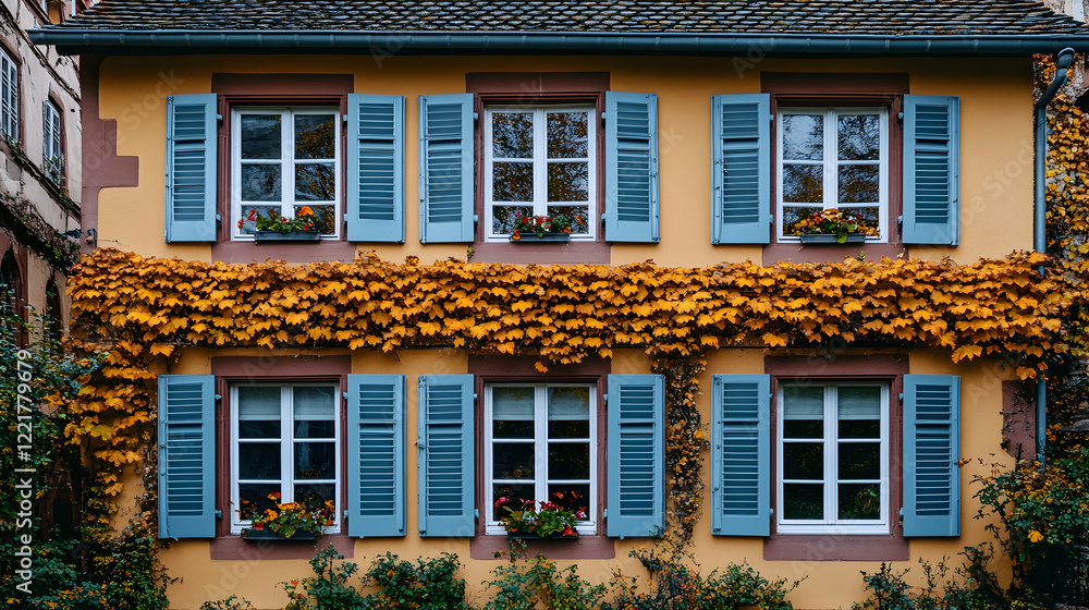 Naklejka premium Charming Yellow House with Blue Shutters and Fall Foliage Accents