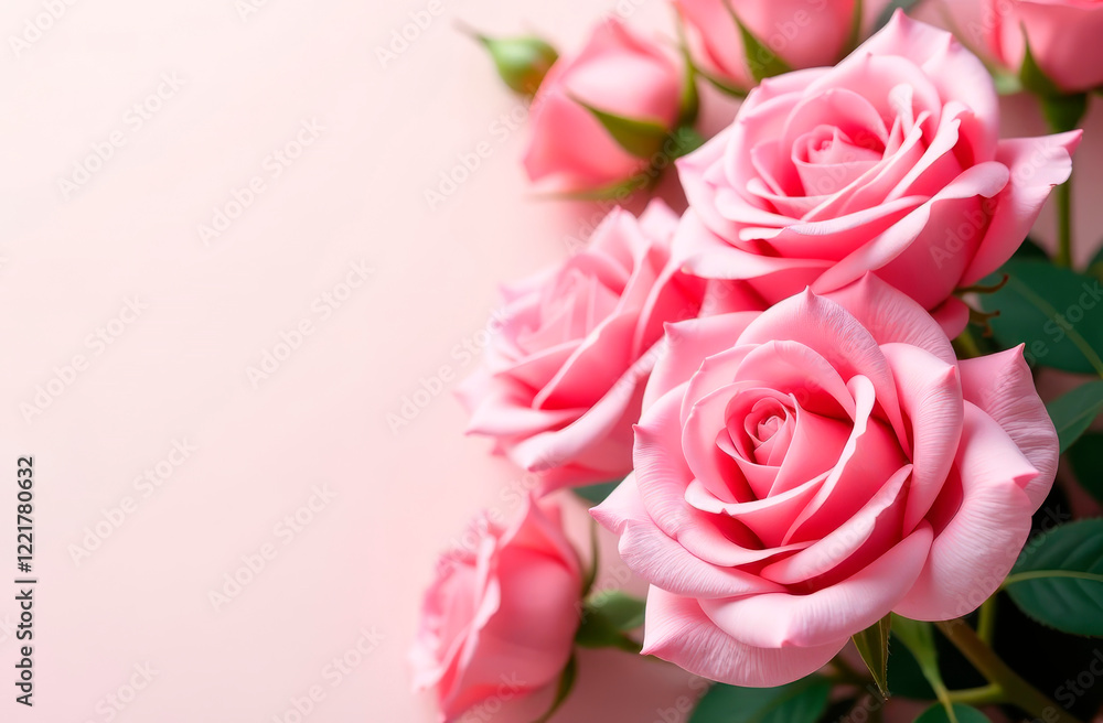 Card with roses bouquet on pink background with copy space. Decorative frame with garden tender pink Rose flowers. Banner with copy space. Postcard with a place for the text Card with roses bouquet on pink background with copy space. Decorative frame with garden tender pink Rose flowers. Banner with copy space. Postcard with a place for the text