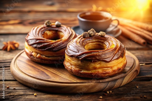 Freshly Baked Chocolate Hazelnut Cronuts on Rustic Plate - Delicious Pastry Landscape photo