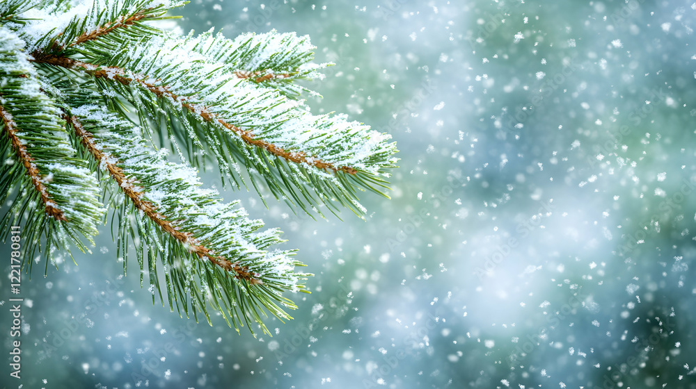 Snow-Covered Pine Branch in Winter Wonderland with Falling Snow Snow-Covered Pine Branch in Winter Wonderland with Falling Snow