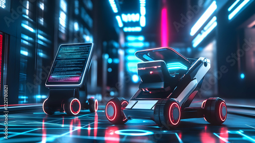 Futuristic robots in data center, neon lights