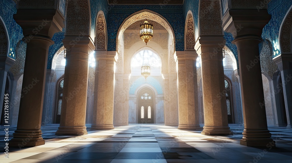 Fototapeta premium A stunning view of a mosque's symmetrical arches and columns in its prayer hall.