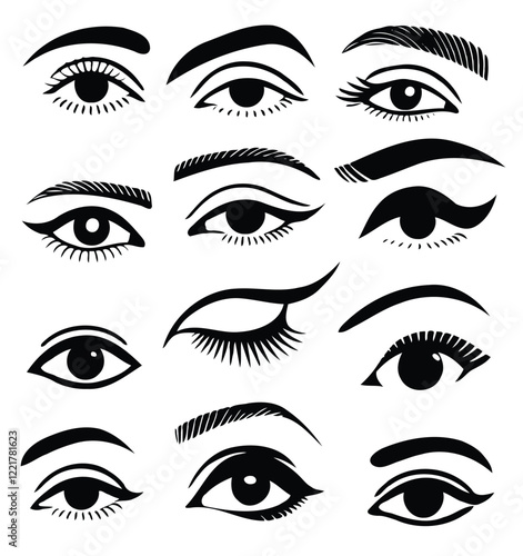 Adobe Illustrator Artwork, Set of different female eyes. Illustration isolated on white background. Eye icon set. Eyelash extensions, mascara, eyelashes, eyelash extensions. Set of women's types eyes
