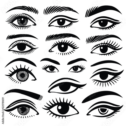 Adobe Illustrator Artwork, Set of different female eyes. Illustration isolated on white background. Eye icon set. Eyelash extensions, mascara, eyelashes, eyelash extensions. Set of women's types eyes