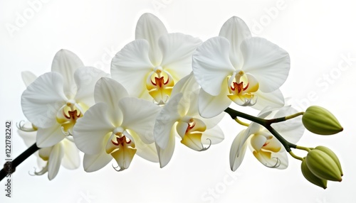 Beautiful white orchid blossoms with hints of yellow, orange accents in center. Flowers on stem with unopened buds. Isolated against white background. Ideal for wedding anniversary gifts decor.