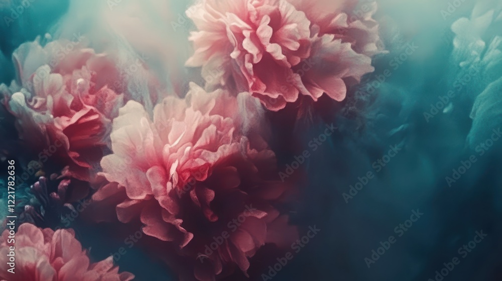 Obraz premium Abstract Pink Peonies in Teal Smoke Background