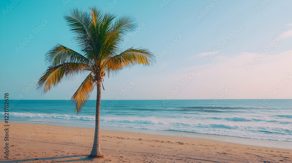 Obraz premium Serene Beach Scene with Palm Tree Under Clear Blue Sky