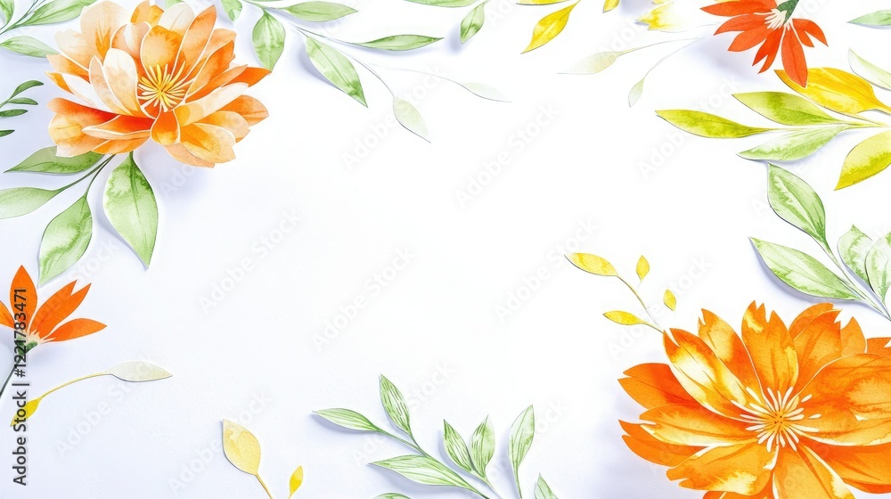 Obraz premium A vibrant floral arrangement with orange flowers and green leaves, creating a lively and colorful border against a blank white background.