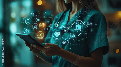 medical with tablet uses digital tablet with glowing icons health data concept illustration