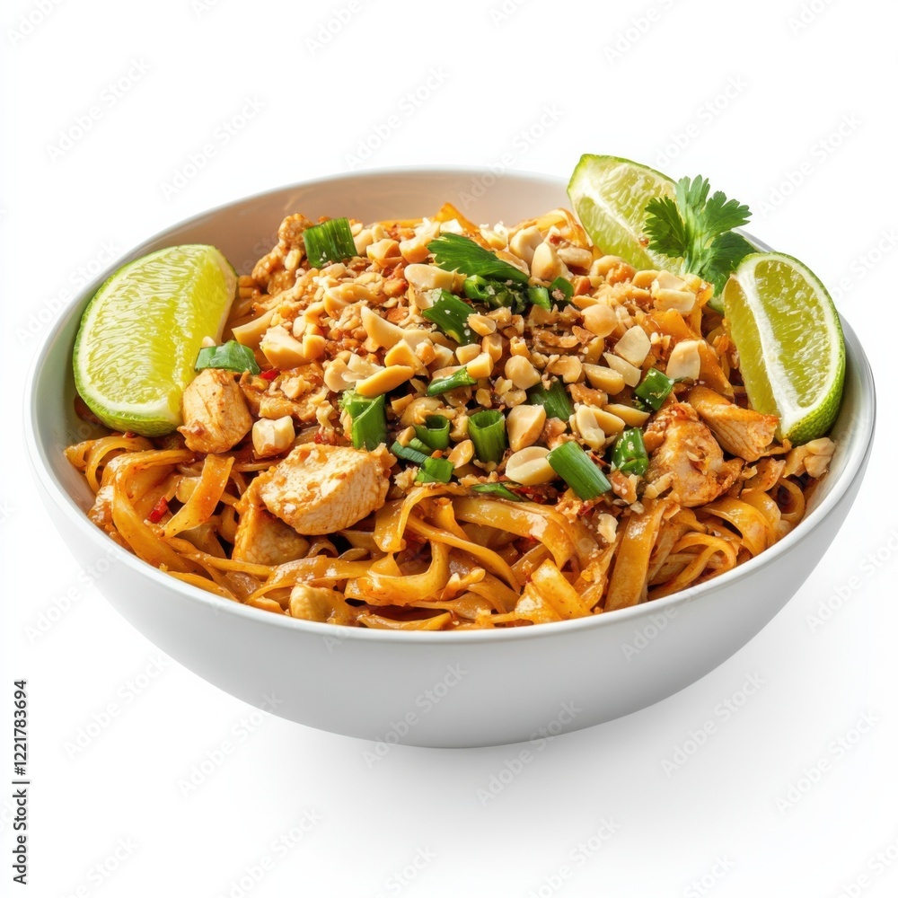 A spicy chicken pad thai with peanuts and lime wedges, isolated white background, contemporary art style A spicy chicken pad thai with peanuts and lime wedges, isolated white background, contemporary art style