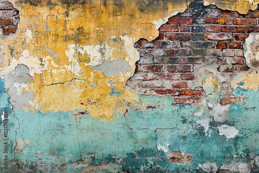 Obraz premium Weathered wall with peeling paint and exposed bricks, showcasing urban decay and color contrast