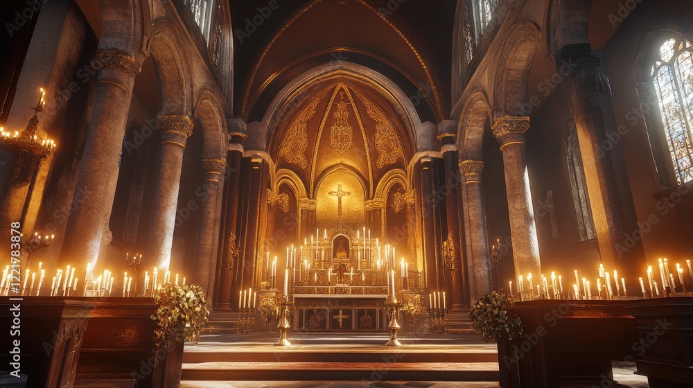 Fototapeta premium A grand church altar adorned with candles and ornate carvings, bathed in golden light.