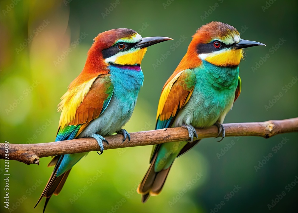 Fototapeta premium Vibrant Birds on Branch, Close-up, Colorful Feathers, Nature Stock Photo