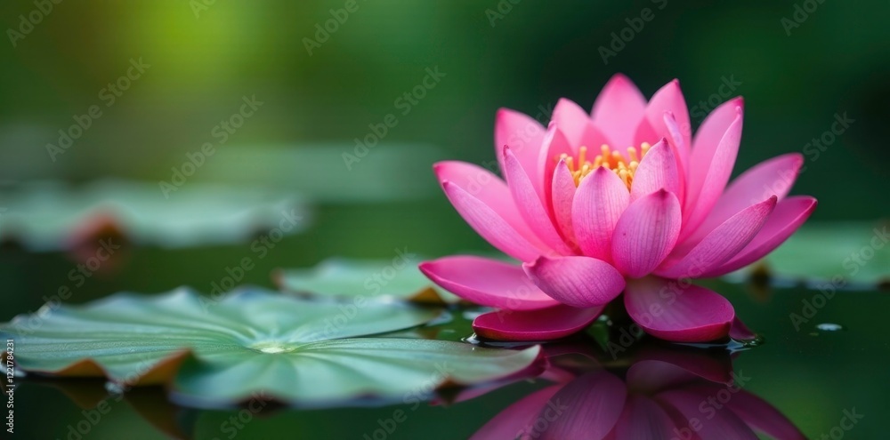 Lotus flower blooming on pond surface with surrounding water, aquatic, reflection, bloom Lotus flower blooming on pond surface with surrounding water, aquatic, reflection, bloom