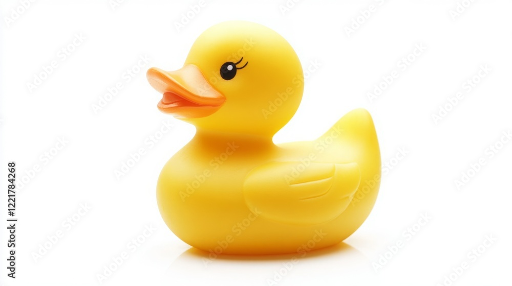 A cheerful yellow rubber ducky, a classic bath toy, sits against a bright white background. A cheerful yellow rubber ducky, a classic bath toy, sits against a bright white background.