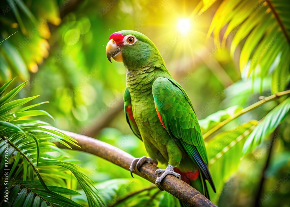 Obraz premium Vibrant Green Parrot on Tropical Branch - Long Exposure Stock Photo