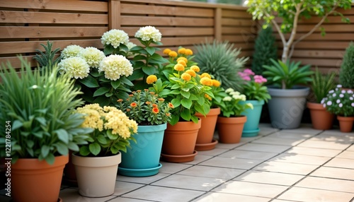 Wallpaper Mural Small terrace garden with various container plants. Colorful flowers, foliage arranged in different pots. Easy low maintenance plants. Ideal for urban apartment balconies patios. Trendy design for Torontodigital.ca