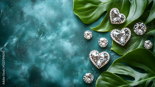 Glittering Heart-Shaped Gems on Green Tropical Leaves Background