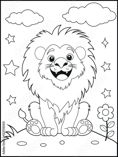 Illustration of a cute baby lion cartoon character. Black and white Printable lion coloring page for kids.
