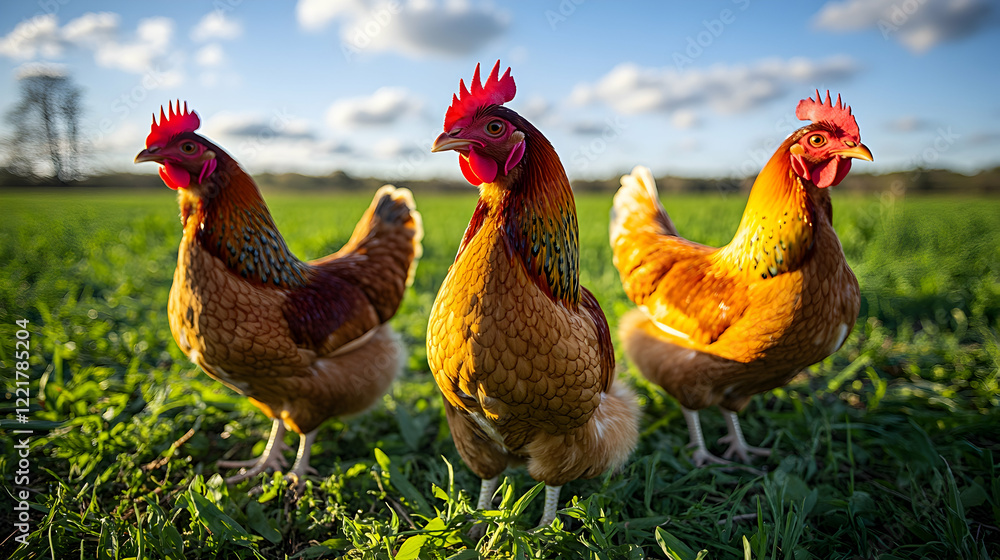Fototapeta premium Three Vibrant Chickens in Sunny Green Pasture Under Blue Sky
