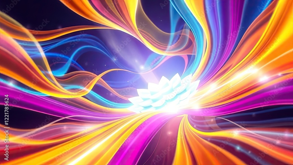An abstract, digital artwork featuring a bright white lotus flower at the center with dynamic orange, blue, and purple flowing streams emanating outward on a dark background. An abstract, digital artwork featuring a bright white lotus flower at the center with dynamic orange, blue, and purple flowing streams emanating outward on a dark background.