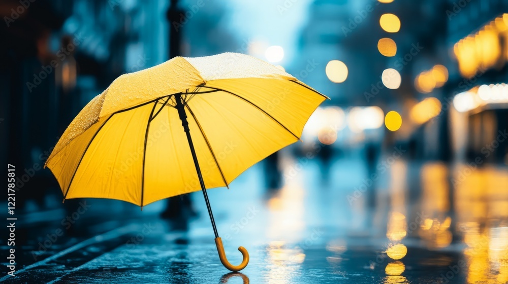 A yellow umbrella stands alone on a rain-slicked city street, illuminated by soft, warm lights. A yellow umbrella stands alone on a rain-slicked city street, illuminated by soft, warm lights.
