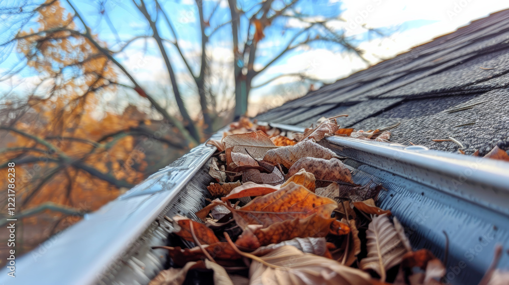 Fototapeta premium Clogged gutter filled with autumn leaves against clear blue sky